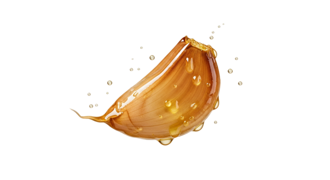 Close-up of Garlic Clove with Dripping Oil, Isolated on White Background, Representing Culinary Ingredient and Flavor Enhancement