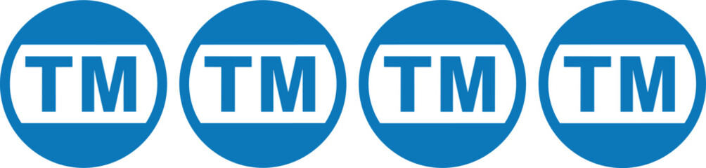 Trademark TM symbol blue circle icon set, legal brand protection label graphic, intellectual property rights sign illustration for corporate identity, registration and copyright design concept, vector