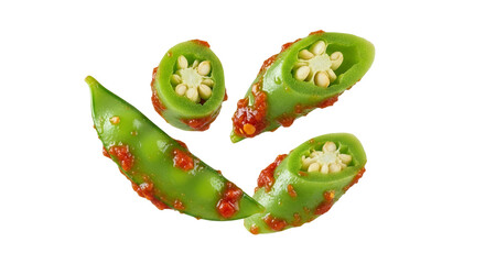 Spicy delights: A vibrant composition of green chilies in chili sauce against a clean backdrop revealing the fresh essence of vibrant cuisine