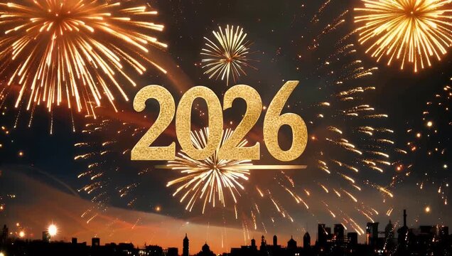 spectacular 4K New Year's Eve celebration graphic featuring dramatic zoom in transition polished golden text 2026 instantly followed realistic grand golden fireworks explosion effect isolated festive