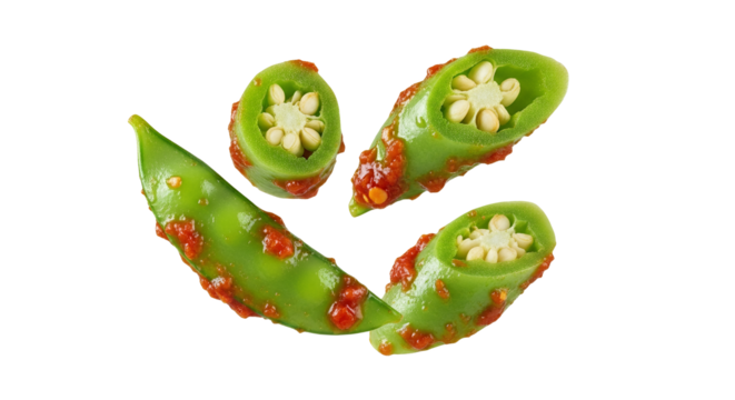 Spicy delights: A vibrant composition of green chilies in chili sauce against a clean backdrop revealing the fresh essence of vibrant cuisine