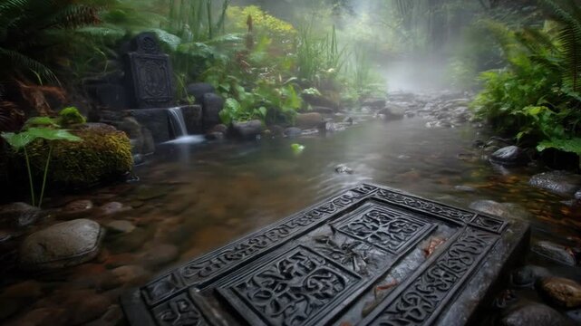 A tranquil stream flows near a decorative stone slab and a waterfall, surrounded by lush vegetation and mist