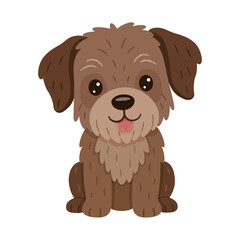 Cute brown dog sitting with tongue out. Hand drawn flat style. Slovakian Pointer or Border Terrier, Yorkshire. For kids designs, stickers, pets themes, educational materials, animal graphics.