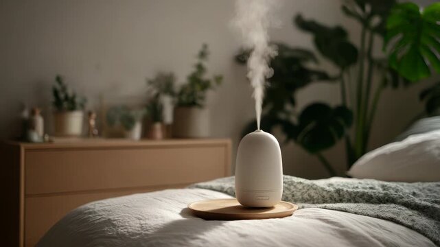 Aroma diffuser releasing mist on a bed in cozy home interior