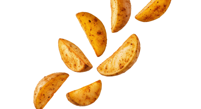 Crispy potato wedges cascading against a stark white backdrop, emphasizing culinary delight and texture, for a contemporary food presentation