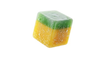 Captivating close-up of a dual-toned cube candy with shimmering bubbles, showcasing vibrant colors and geometric simplicity perfect for digital