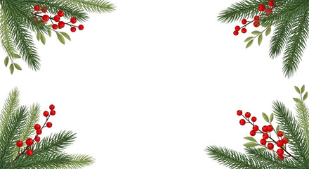 Christmas frame border with realistic fir tree branch corner decoration and bright red holly berry cluster isolated on transparent background for holiday greeting card design