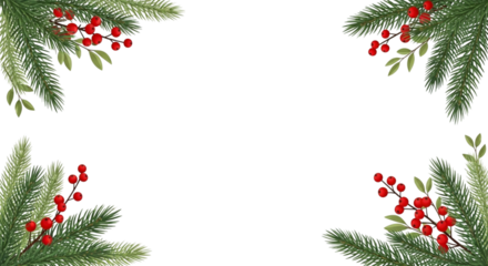 Christmas frame border with realistic fir tree branch corner decoration and bright red holly berry cluster isolated on transparent background for holiday greeting card design