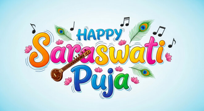 Happy saraswati puja greeting with colorful lettering musical notes peacock feathers and floral elements celebrating knowledge and arts