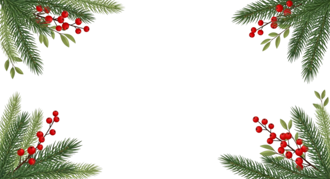 Christmas frame border with realistic fir tree branch corner decoration and bright red holly berry cluster isolated on transparent background for holiday greeting card design
