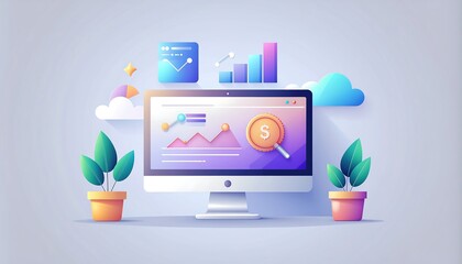 Digital marketing analysis and data visualization on a computer screen with charts and graphs surrounded by plants and clouds