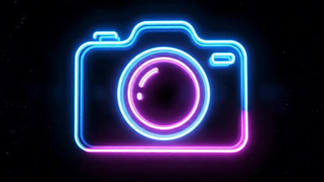 Dynamic neon camera icon glows with vibrant blue and pink light against a dark backdrop for photography