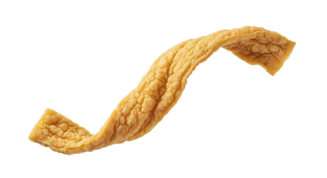 Elevated textured food item isolated, presenting a unique and abstract crispy snack floating against white space background with intriguing folds