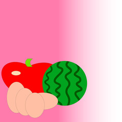 Colorful fruit illustration featuring a bright red apple, green watermelon, and soft pastel eggs on a pink gradient background, ideal for food graphics, healthy lifestyle concepts, packaging
