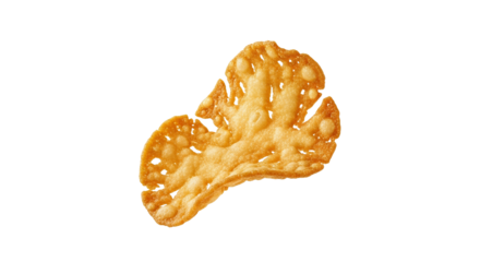 Delicate fried wonton wrapper showcases intricate golden brown textures on a stark white background, creating an appetising food presentation