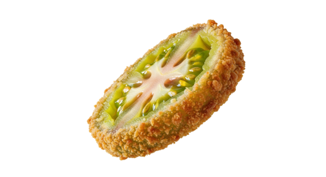 Crispy Coated Green Tomato Slice on White Backdrop Shows Culinary Preparation Skill and Food Design Style in Food Still Life Photography