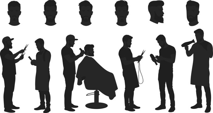 Barber and Head Silhouettes Set with Hairstyles and Tools, Vector Illustration of Male Haircuts, Shaving, and Professional Grooming Service in a Salon - Powered by Adobe
