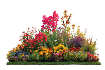 Vibrant flowerbed with pink red yellow purple orange blooms and green grass garden flowers, Isolated On Transparent Background, Png Cut Out