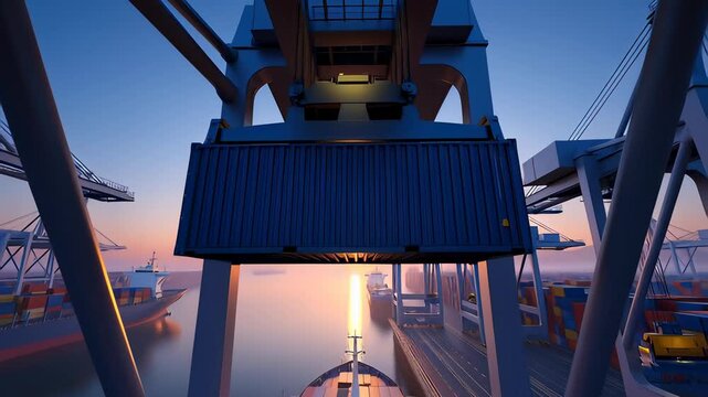 Blue shipping container being lifted by a gantry crane at an industrial port during sunrise, a cinematic 3D animation illustrating cargo logistics and trade efficiency.