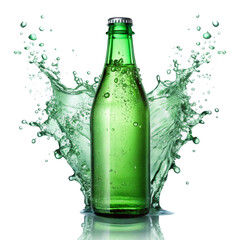 Green glass bottle of refreshing beverage with dynamic water splash