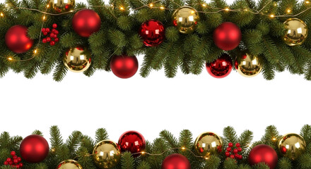 Festive christmas garland border decoration with shiny red and gold bauble ornaments and warm string light accent, isolated on transparent background