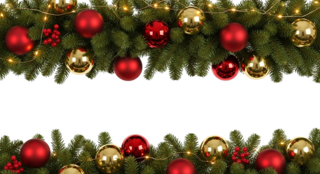 Festive christmas garland border decoration with shiny red and gold bauble ornaments and warm string light accent, isolated on transparent background - Powered by Adobe