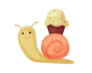 Smiling snail with colorful ice cream on shell, isolated on white background, playful gift concept vector illustration