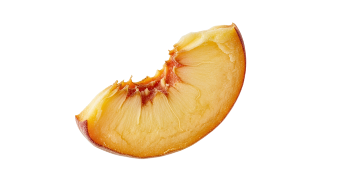 Single Isolated Slice of Peach with Visible Bite Mark Exhibiting Textural Interior and Surface Contrast