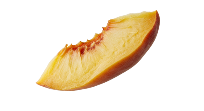 Juicy peach segment presenting fresh summer refreshment with smooth texture isolated on stark white backdrop to enhance focus on its form and detail