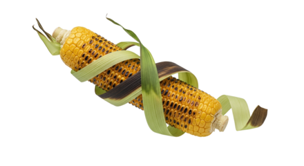 Grilled corn cob adorned with husk ribbons creating a visually appealing culinary depiction highlighting summer food