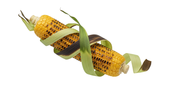 Grilled corn cob adorned with husk ribbons creating a visually appealing culinary depiction highlighting summer food