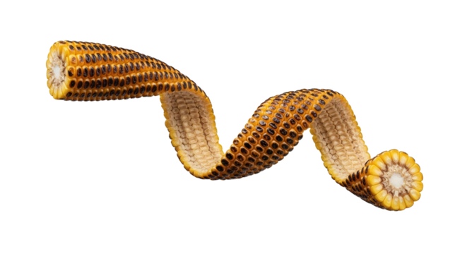 Abstract spiral corn on white background highlighting unique shape and texture of kernels and cob showcasing natural beauty and design of food