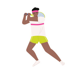 Athletic tennis player in action pose with racket on isolated white background vector illustration