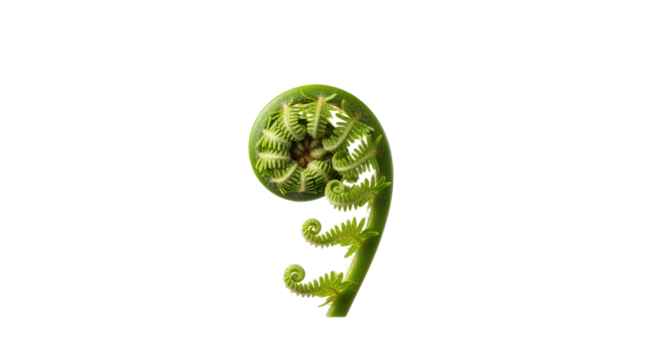 Unfurling Fern Frond: A Study in Green Geometry and Natural Curvature isolated on a white plain background