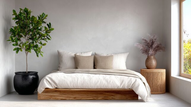 Cozy bedroom featuring a wooden bed with soft bedding, decorative pillows, a potted plant, and a stylish side table, creating a serene and inviting atmosphere for relaxation