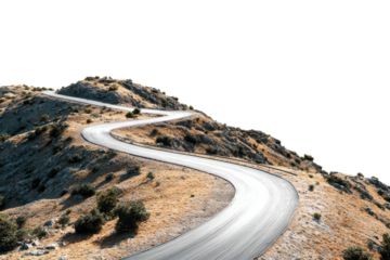 Winding asphalt road on a dry rocky hillside with sparse green bushes curve serpentine, Isolated On Transparent Background, Png Cut Out