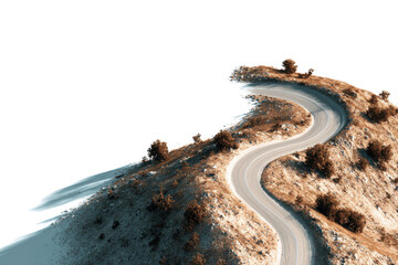 Winding asphalt road on dry brown hill with sparse trees and black background image, Isolated On Transparent Background, Png Cut Out