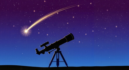 Telescope observing shooting star in night sky with stars  