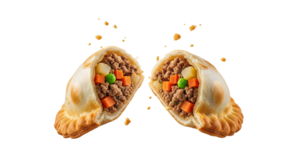 Empanada halves showcasing a savory filling of ground meat, potato cubes, and colorful vegetable confetti against a crisp white background