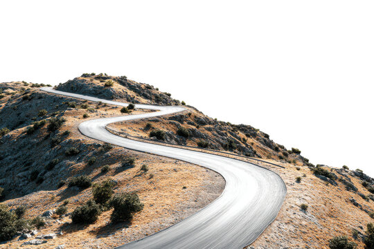 Winding asphalt road on a dry rocky hillside with sparse green bushes curve serpentine, Isolated On Transparent Background, Png Cut Out
