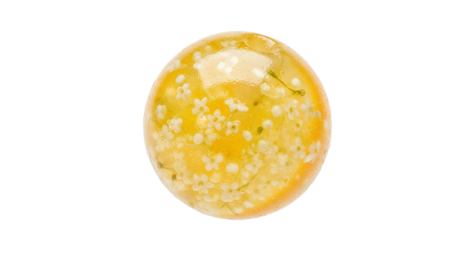 Glowing Orb of Encapsulated Flora: A spherical resin with delicate white flowers suspended within its translucent honey-colored depths, isolated