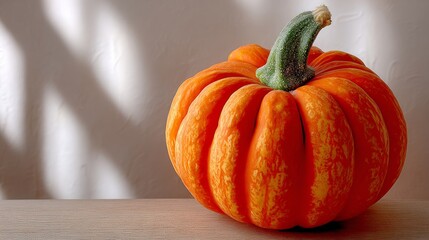Vibrant orange pumpkin with unique ribbed texture and green stem, resting on a wooden surface, illuminated by soft natural light, creating a warm autumn atmosphere and seasonal charm