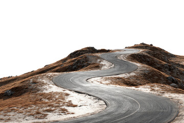 Winding asphalt road through dry grass hills against black background curve serpentine, Isolated On Transparent Background, Png Cut Out