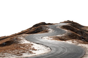 Winding asphalt road through dry grass hills against black background curve serpentine, Isolated On Transparent Background, Png Cut Out