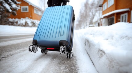 Obraz premium Sleek blue suitcase with four wheels is being pulled along a snow-covered street, surrounded by residential houses, showcasing winter travel and adventure in a picturesque setting