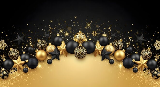Elegant Black and Gold Christmas New Year Festive Background with Ornaments.
