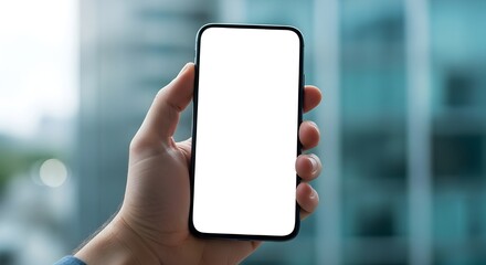 Imagen de una mano sosteniendo un tel&eacute;fono m&oacute;vil con pantalla blanca en el fondo natural bokeh