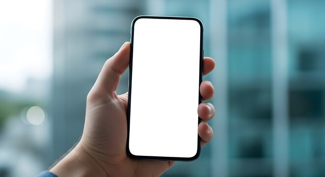 Imagen de una mano sosteniendo un tel&eacute;fono m&oacute;vil con pantalla blanca en el fondo natural bokeh