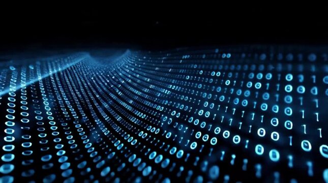 Dynamic digital stream of binary code flowing across a dark surface, representing data transfer, cybersecurity, and advanced technology solutions