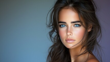 Naklejka premium A young woman gazes at the viewer, showcasing her tan skin, brown hair, and piercing blue eyes against a simple, muted background